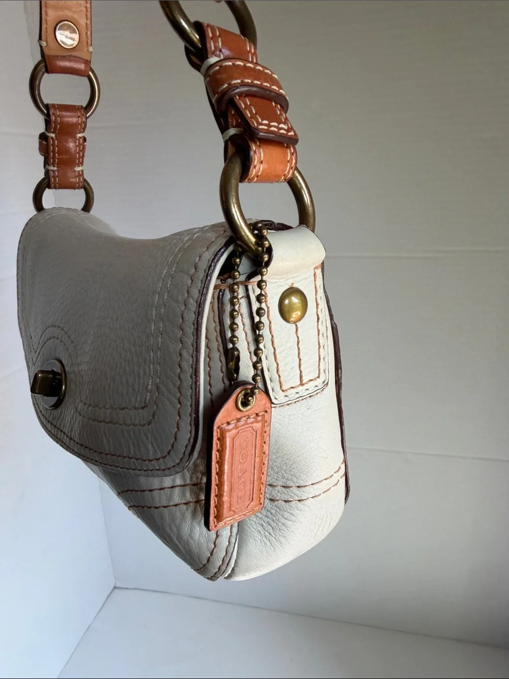 Coach Cream Leather Shoulder Bag with Gold Turn-Lock